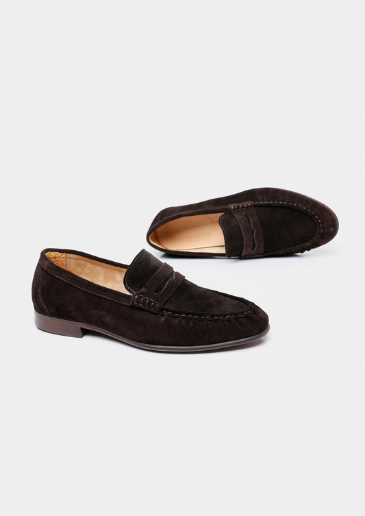 Coffee Classic Penny Suede Loafers | Castielli