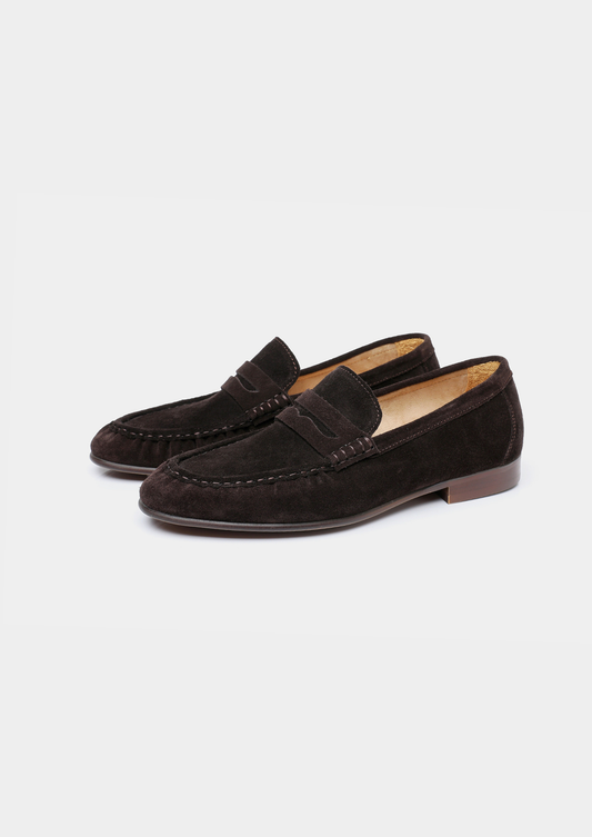 Coffee Classic Penny Suede Loafers | Castielli