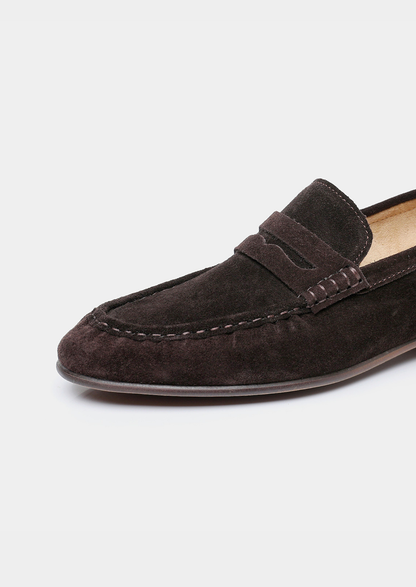 Coffee Classic Penny Suede Loafers | Castielli
