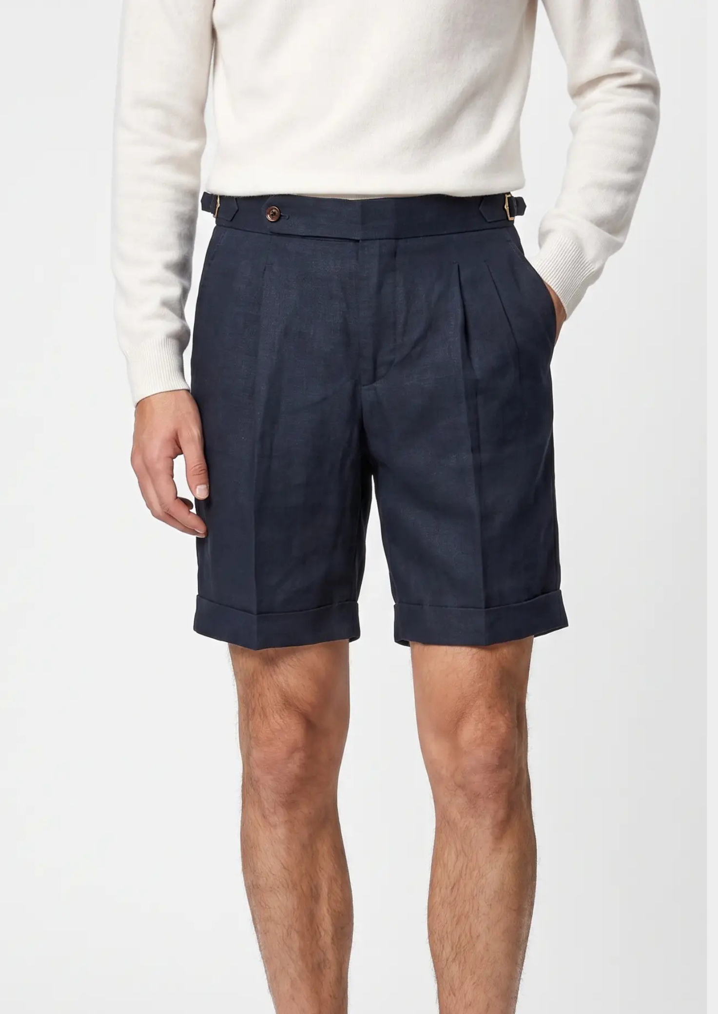 Navy Blue Pleated Linen Seaside Shorts | Castielli