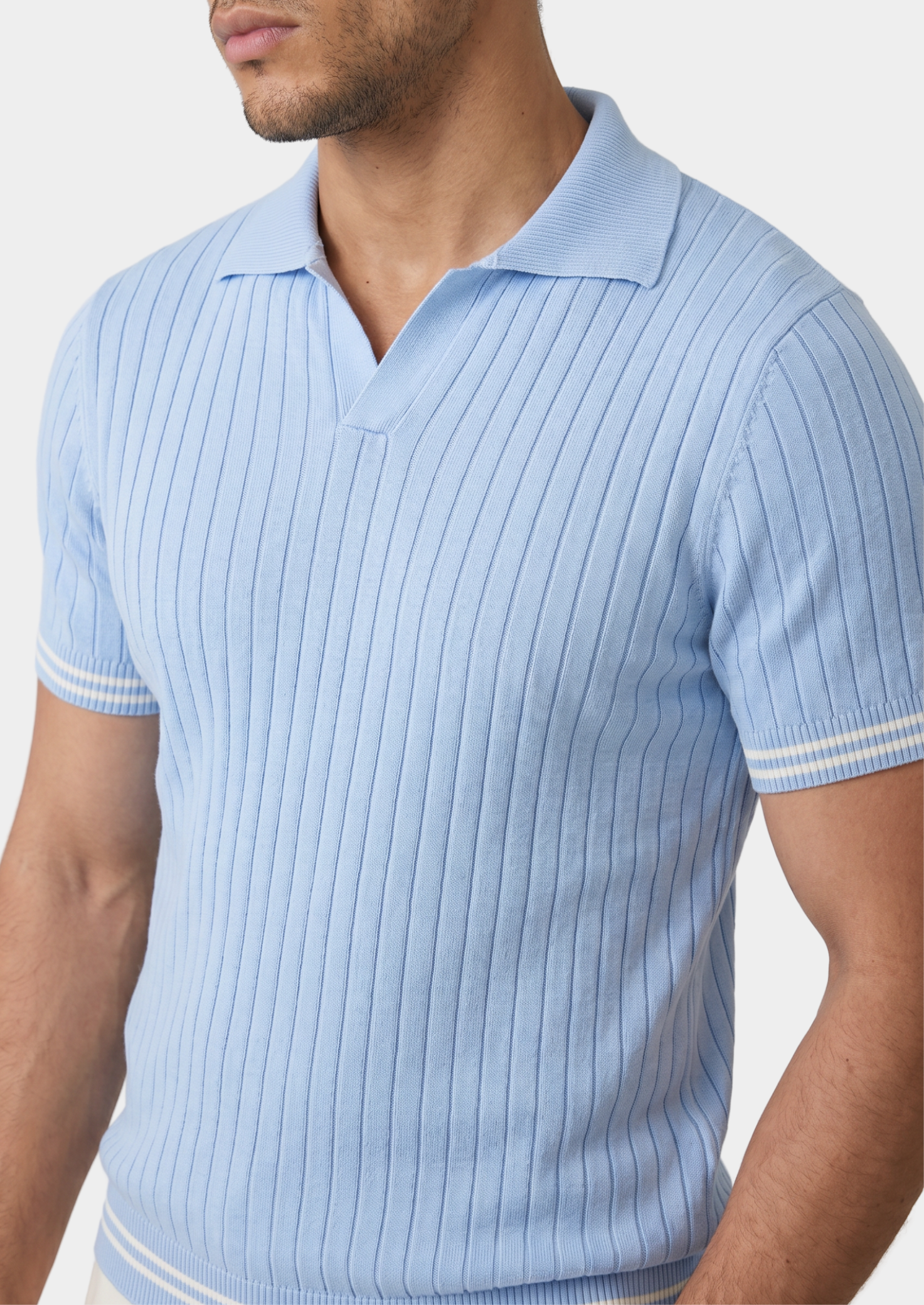 Pierre Light Blue Ribbed Buttonless Polo | Castielli