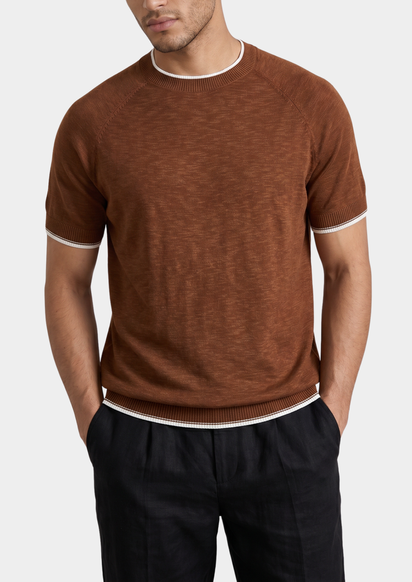 Capri Caramel Linen Contrast T-Shirt | Castielli