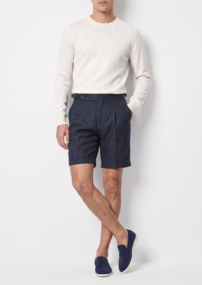 Navy Blue Pleated Linen Seaside Shorts | Castielli