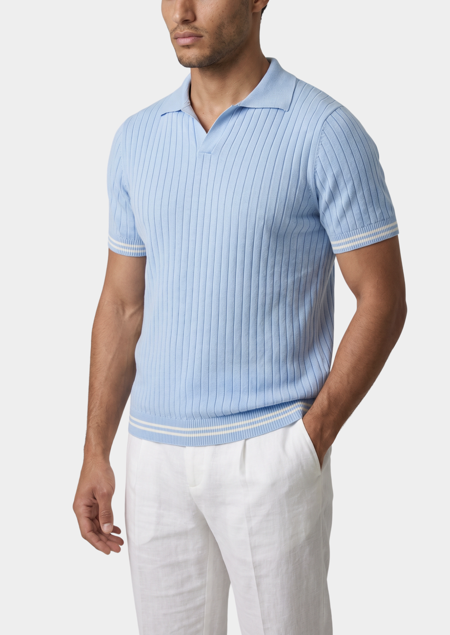 Pierre Light Blue Ribbed Buttonless Polo | Castielli