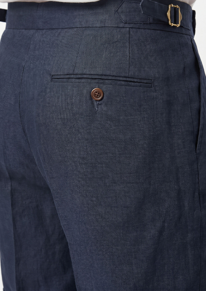 Navy Blue Pleated Linen Seaside Shorts | Castielli