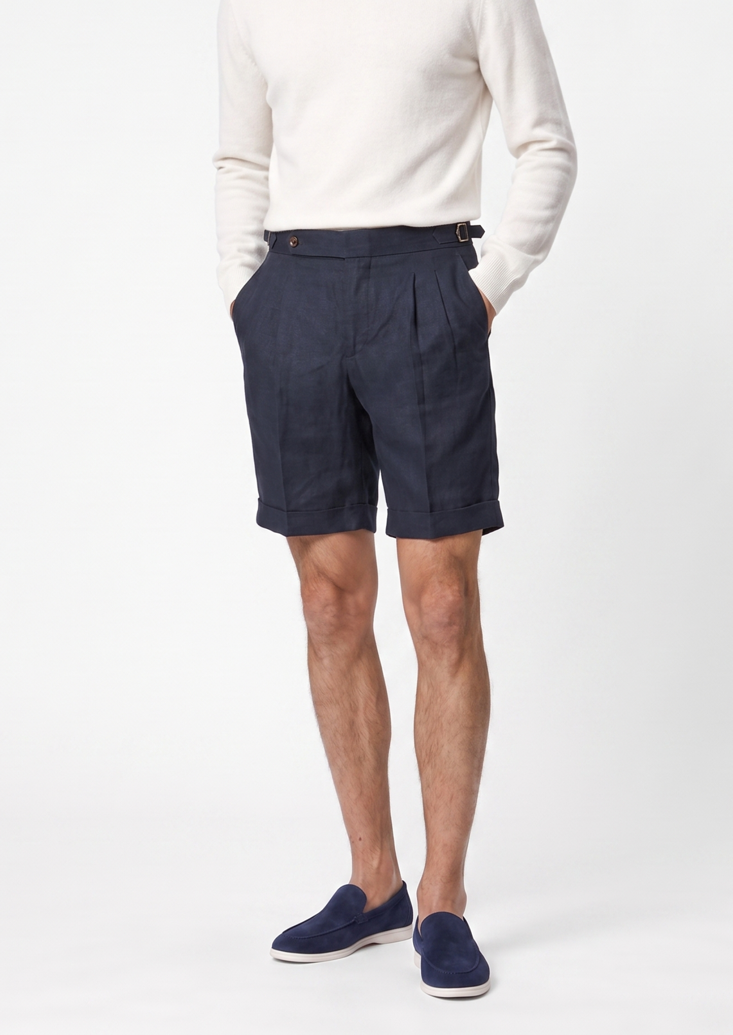 Navy Blue Pleated Linen Seaside Shorts | Castielli
