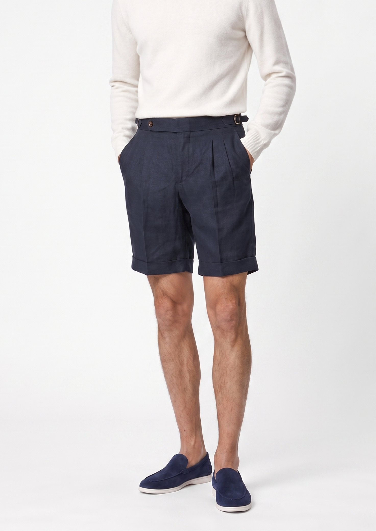 Navy Blue Pleated Linen Seaside Shorts | Castielli