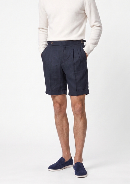 Navy Blue Pleated Linen Seaside Shorts | Castielli