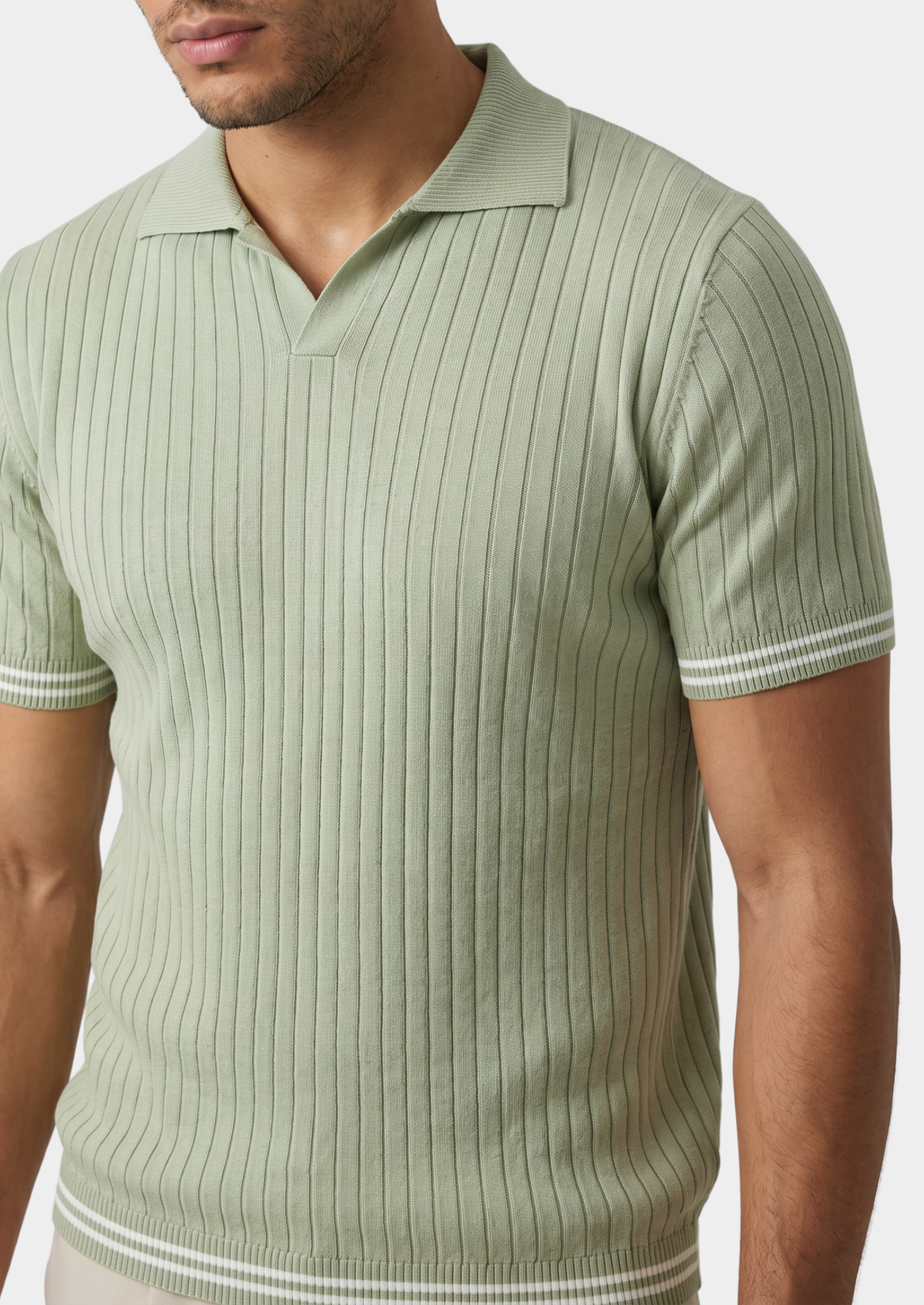Pierre Pistache Ribbed Buttonless Polo | Castielli