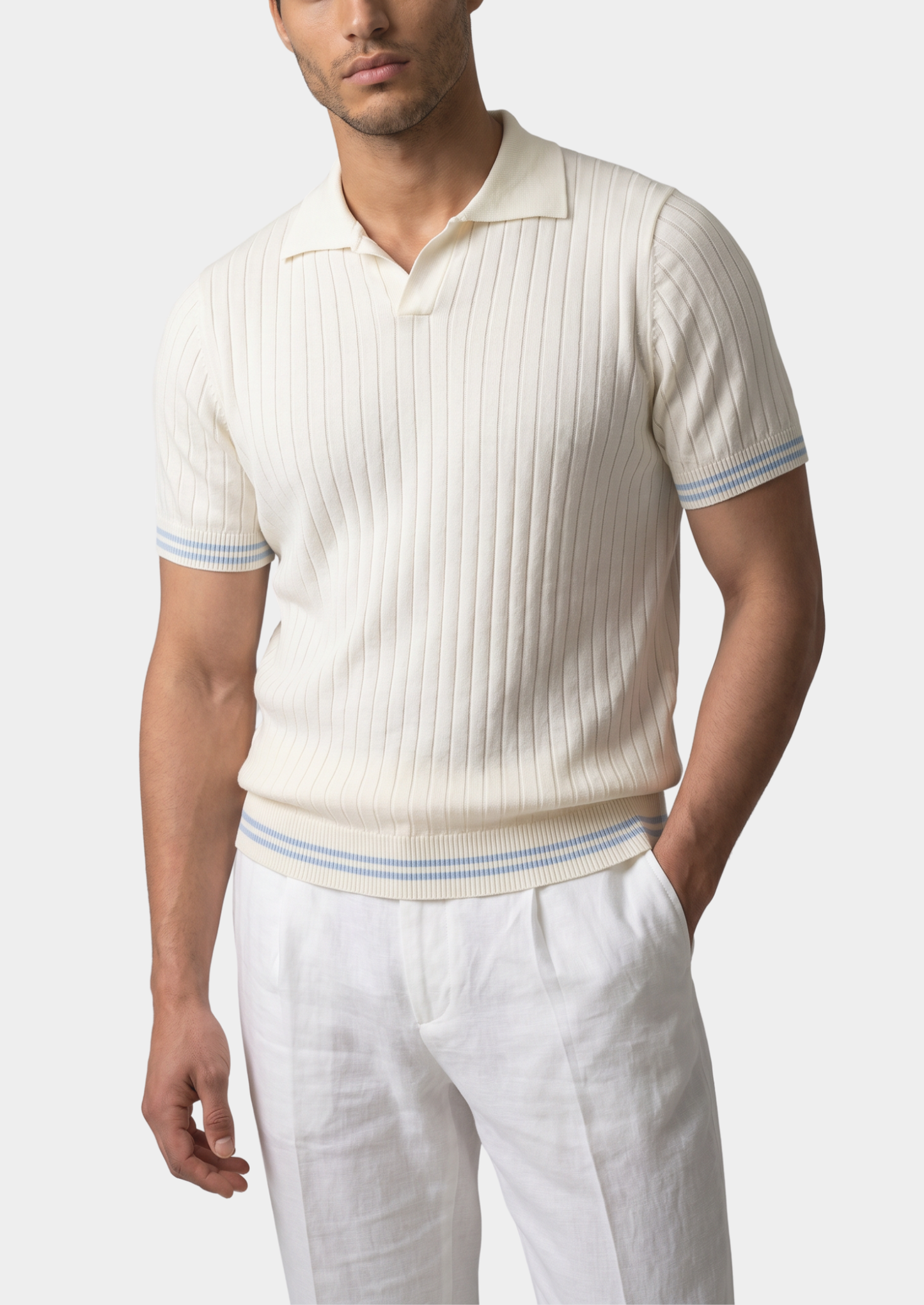 Pierre Ivory Ribbed Buttonless Polo | Castielli
