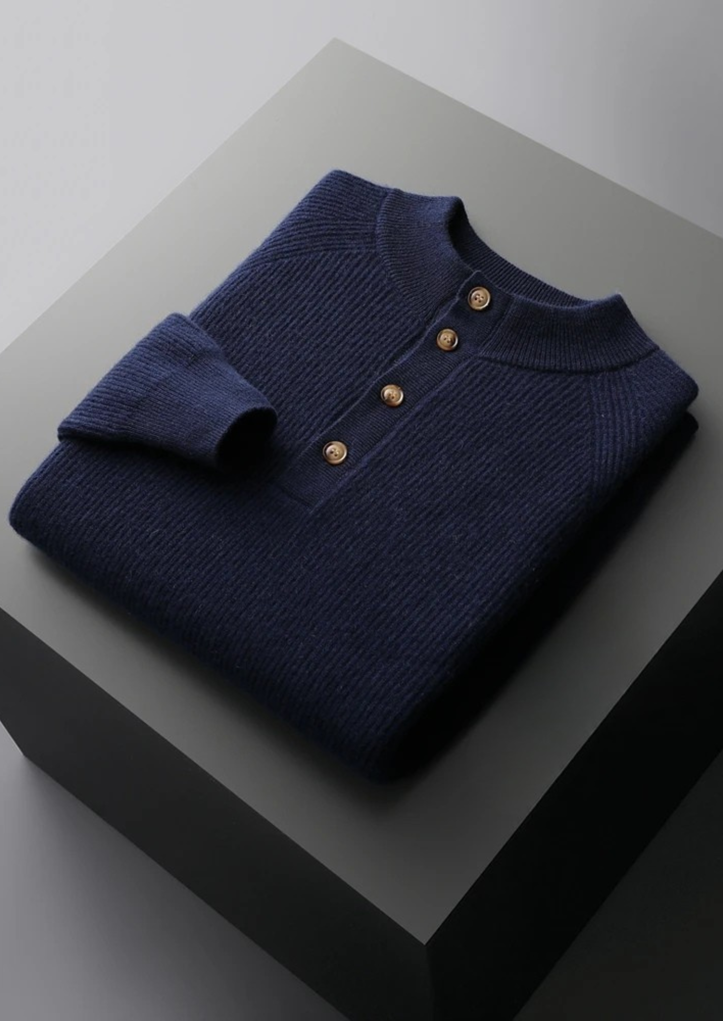 Premium Cashmere Classic Ribbed Henley Sweater | Castielli