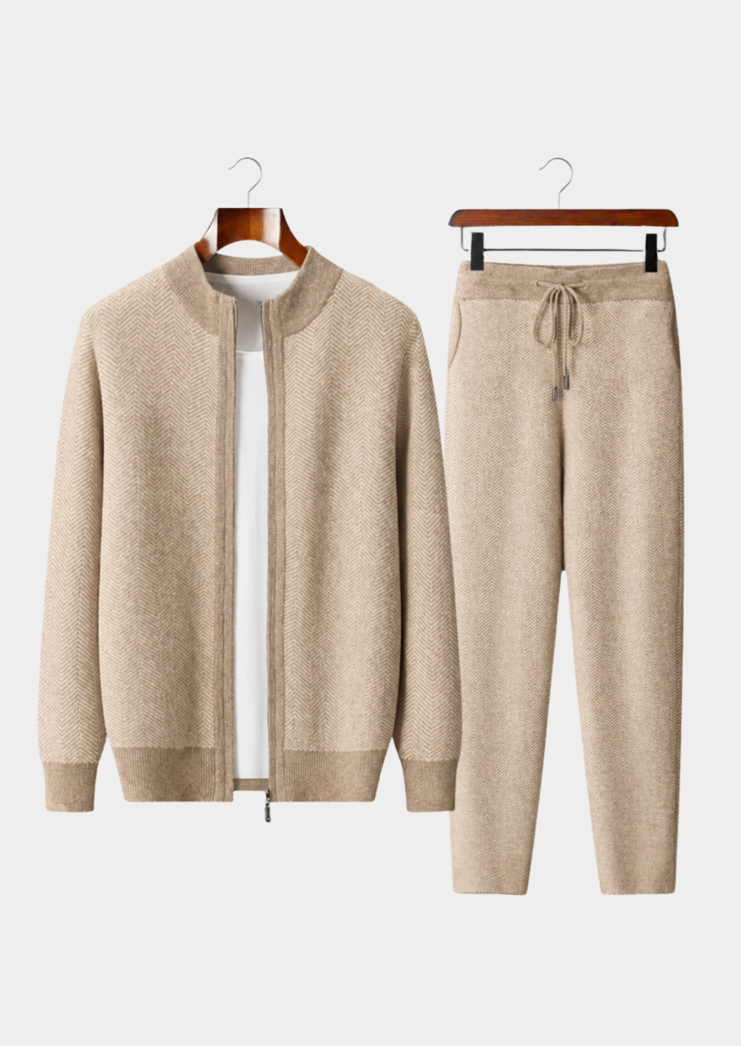 Pure Extra-Fine Merino Wool Sand Herringbone Set | Castielli