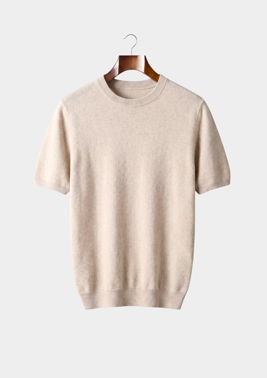 Premium Cashmere Classic Crewneck T-Shirt - Ivory Mocha | Castielli