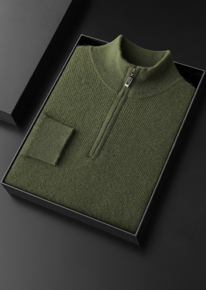 Pure Cashmere Olive Ribbed Half Zip | Castielli