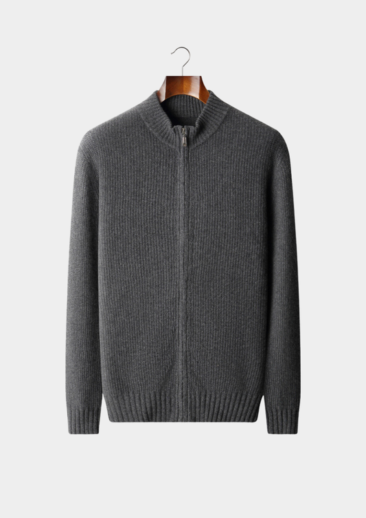 Pure Cashmere Dark Gray Ribbed Zip Cardigan | Castielli
