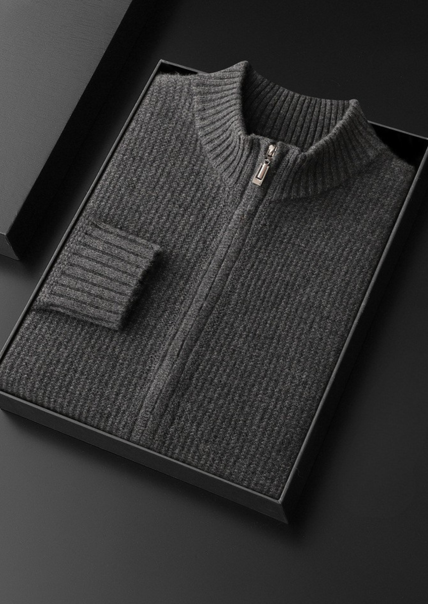 Pure Cashmere Dark Gray Ribbed Zip Cardigan | Castielli