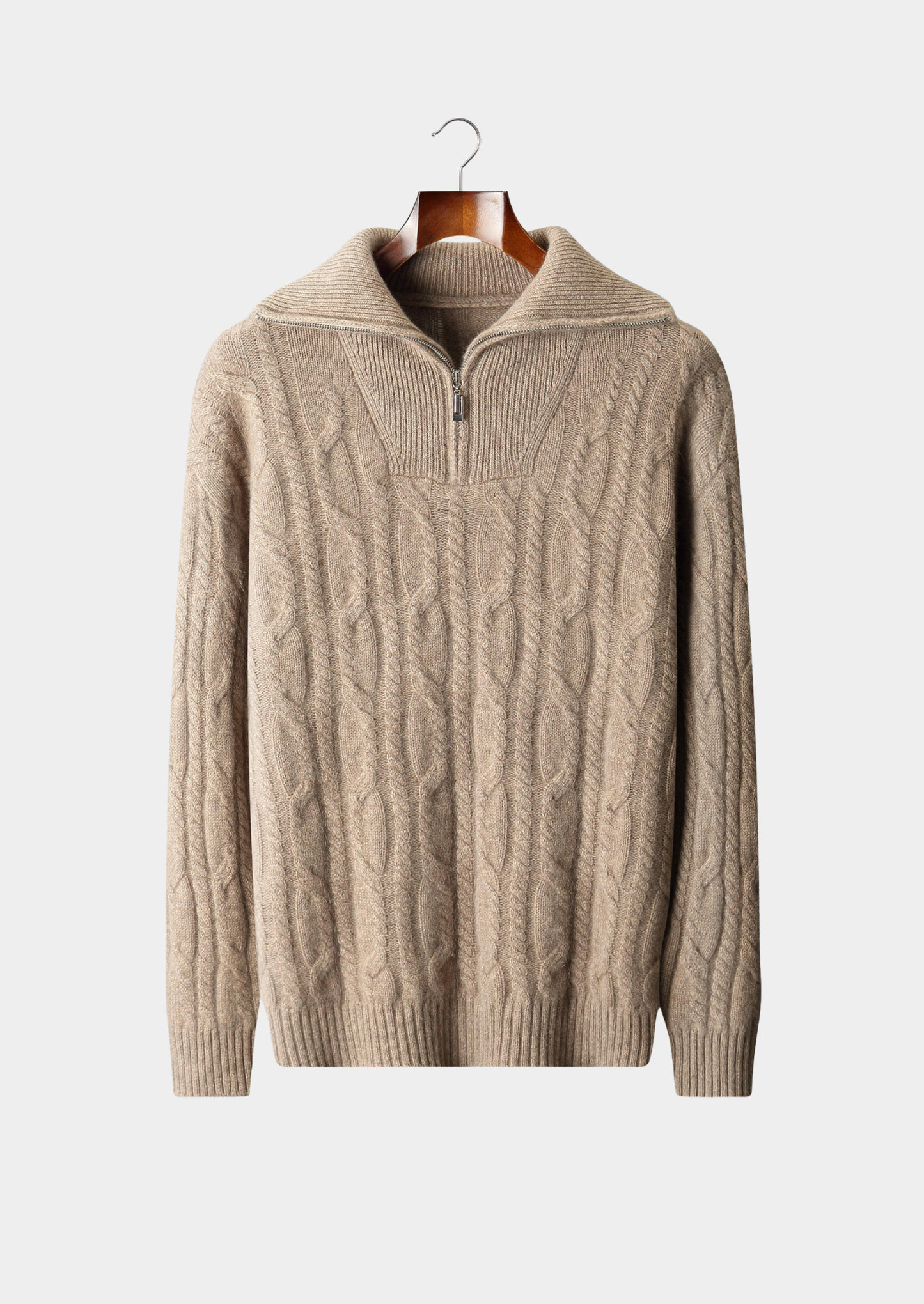 Pure Cashmere Beige Cable Half Zip Sweater | Castielli