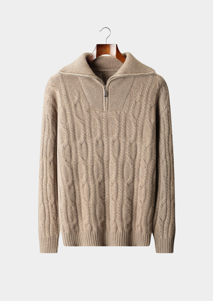 Pure Cashmere Beige Cable Half Zip Sweater | Castielli