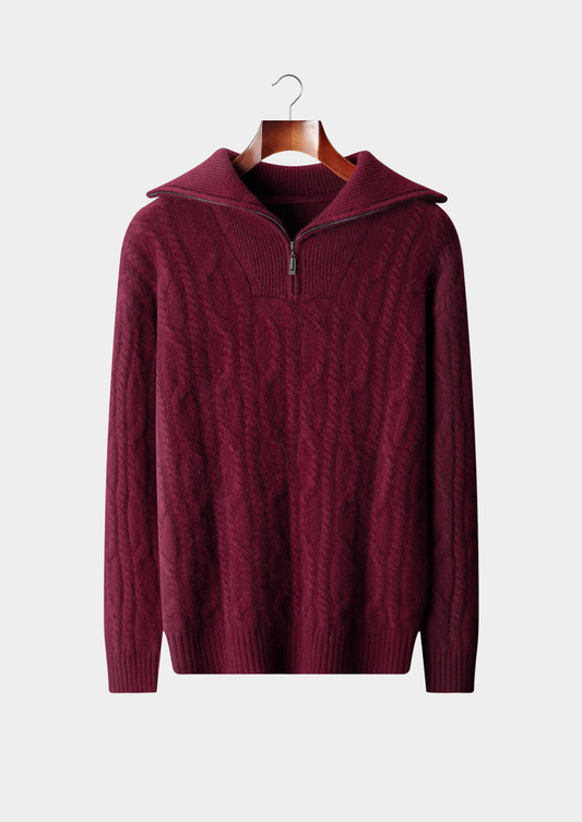 Pure Cashmere Burgundy Cable Half Zip Sweater | Castielli