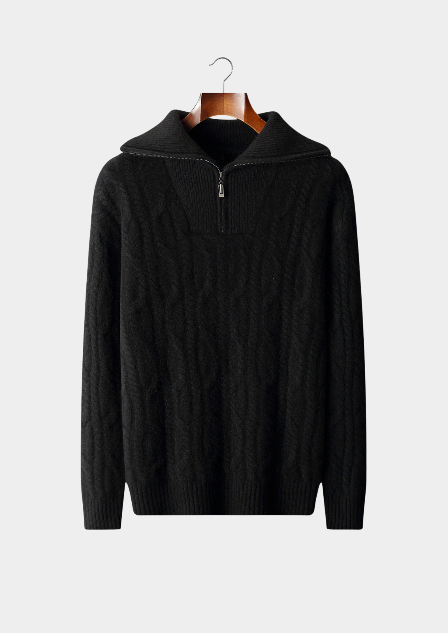Pure Cashmere Black Cable Half Zip Sweater | Castielli