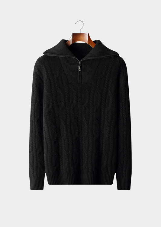 Pure Cashmere Black Cable Half Zip Sweater | Castielli