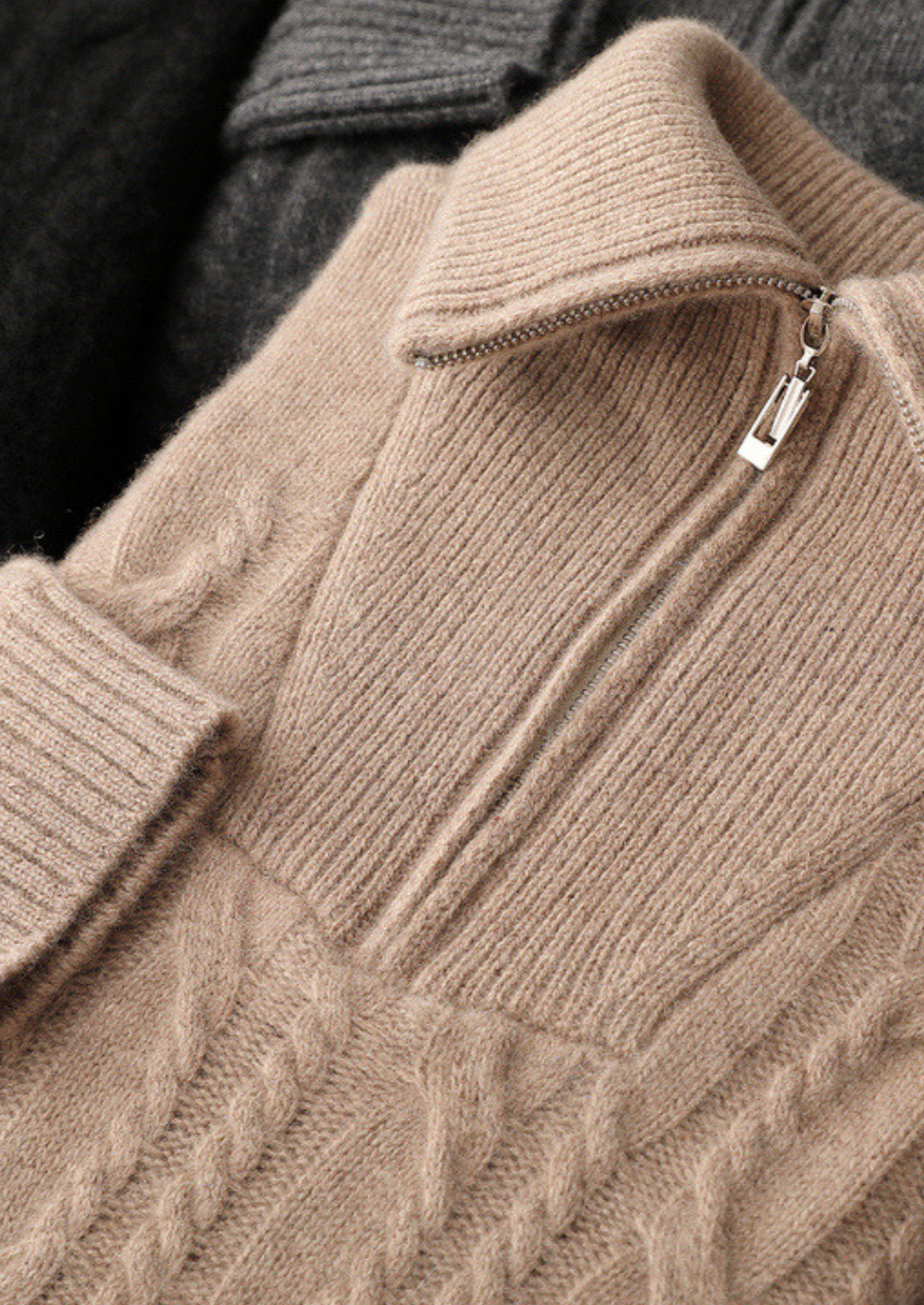 Pure Cashmere Beige Cable Half Zip Sweater | Castielli