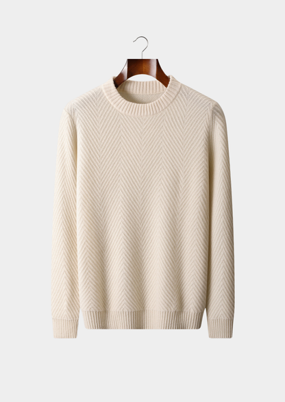 Pure Cashmere Ivory Herringbone Crewneck | Castielli