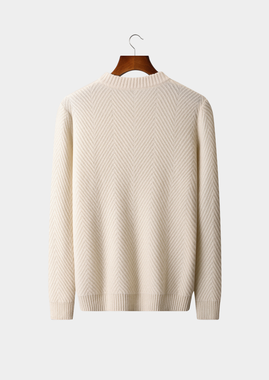 Pure Cashmere Ivory Herringbone Crewneck | Castielli