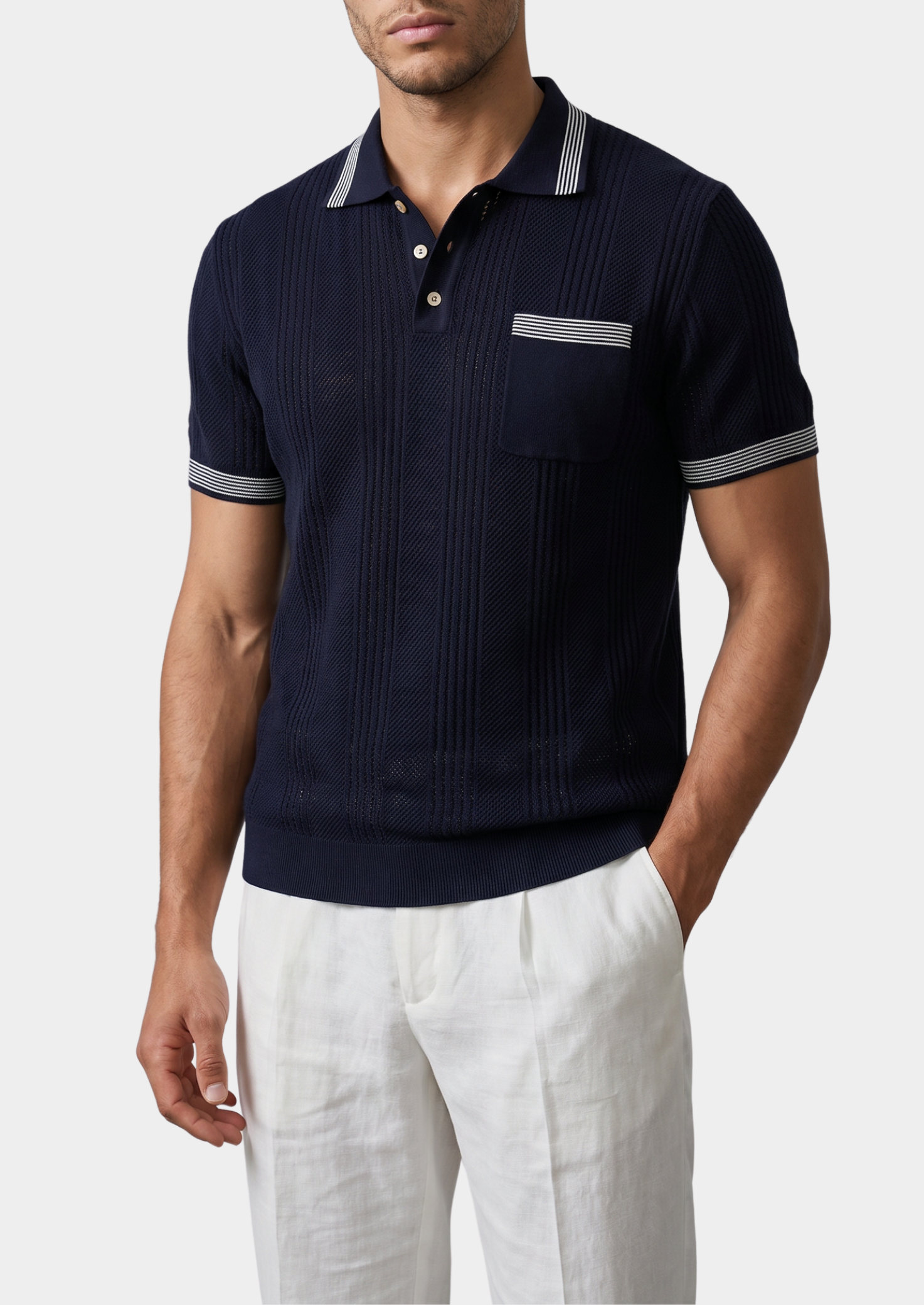 Leon Navy Blue Open Knit Lightweight Polo | Castielli