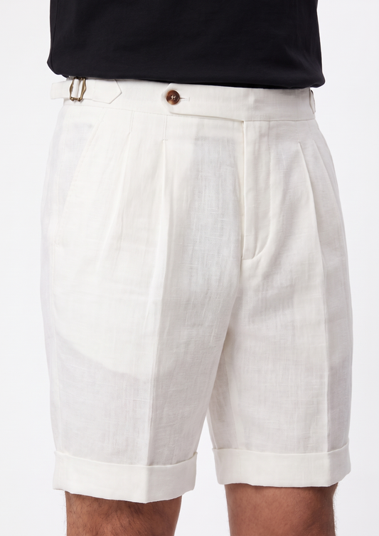 White Pleated Linen Seaside Shorts | Castielli