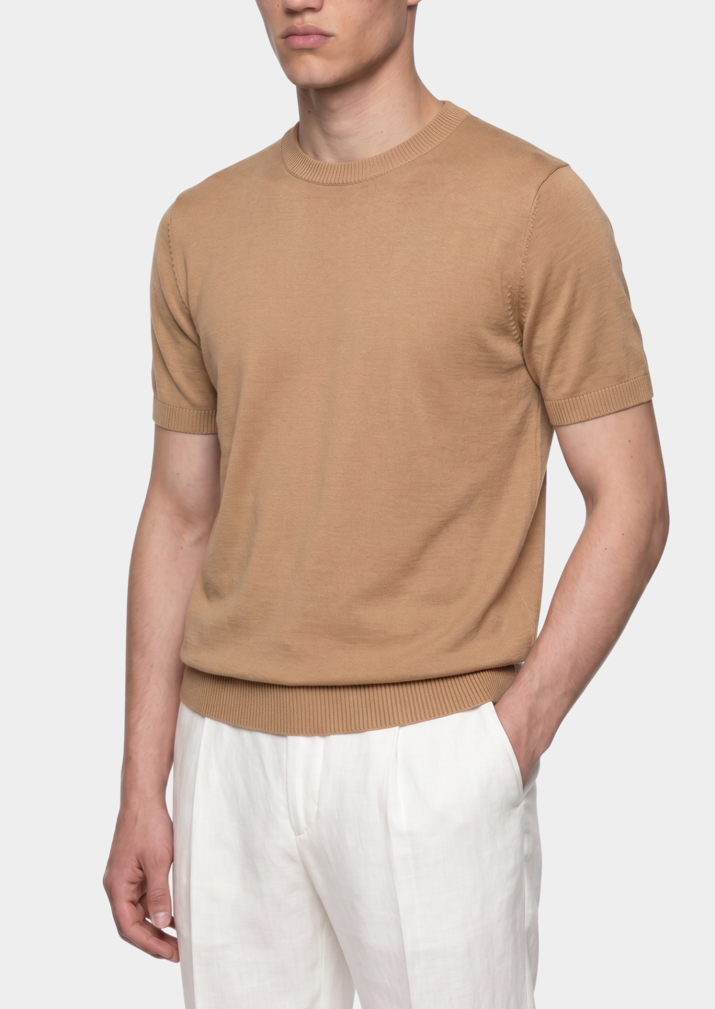Essential Beige Knitted Crewneck T-Shirt | Castielli