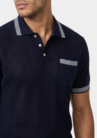 Leon Navy Blue Open Knit Lightweight Polo | Castielli