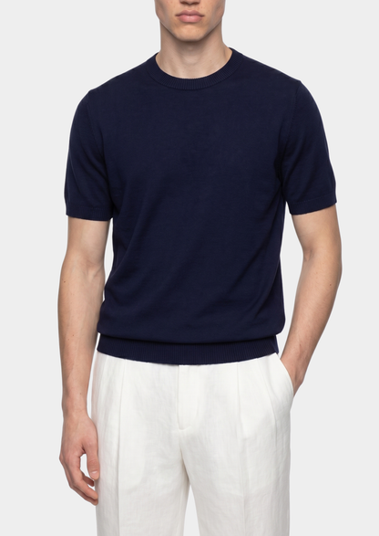 Essential Navy Blue Knitted Crewneck T-Shirt | Castielli