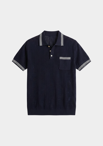 Leon Navy Blue Open Knit Lightweight Polo | Castielli
