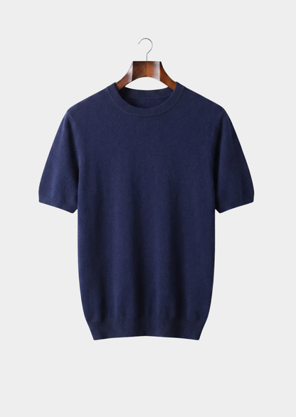 Premium Cashmere Classic Crewneck T-Shirt - Navy Blue | Castielli