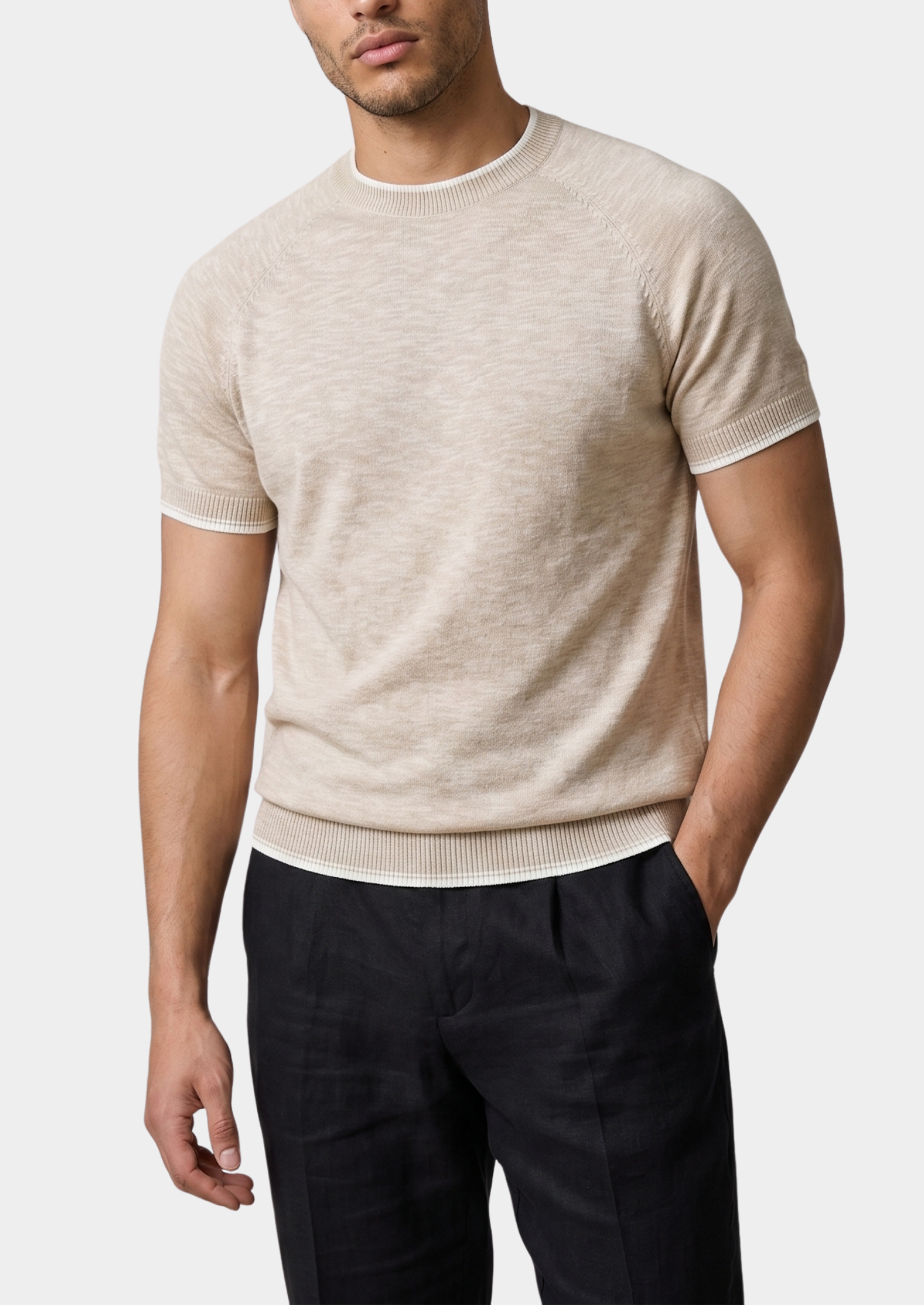Capri Beige Linen Contrast T-Shirt | Castielli