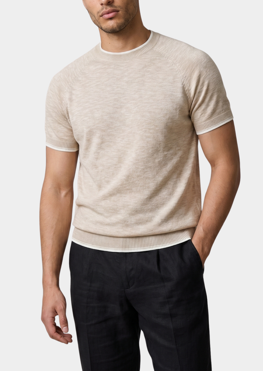 Capri Beige Linen Contrast T-Shirt | Castielli