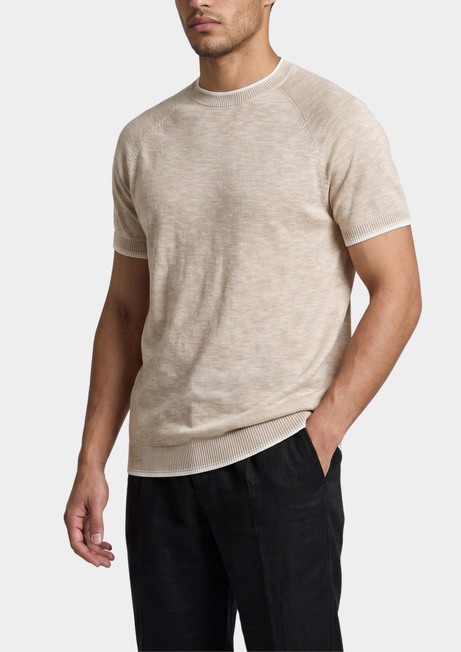 Capri Beige Linen Contrast T-Shirt | Castielli