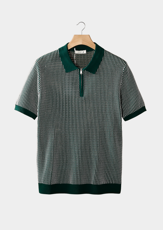 Green Geometric Textured Zipper Polo | Castielli
