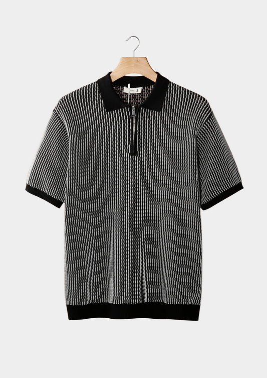 Black Geometric Textured Zipper Polo | Castielli