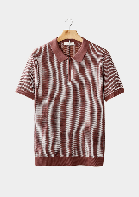 Dusty Rose Geometric Textured Zipper Polo | Castielli