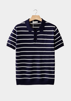 Navy Striped Textured Button Polo