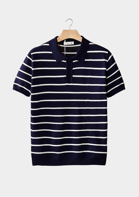 Navy Striped Textured Button Polo | Castielli