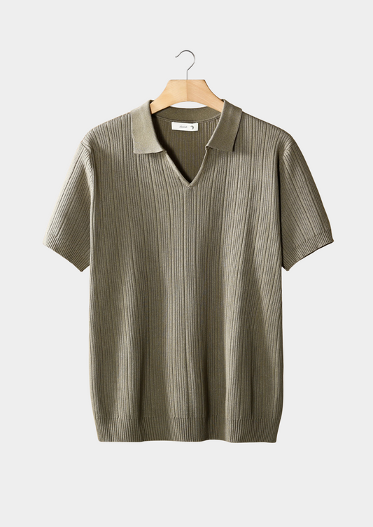 Taupe Open Collar Ribbed Polo | Castielli